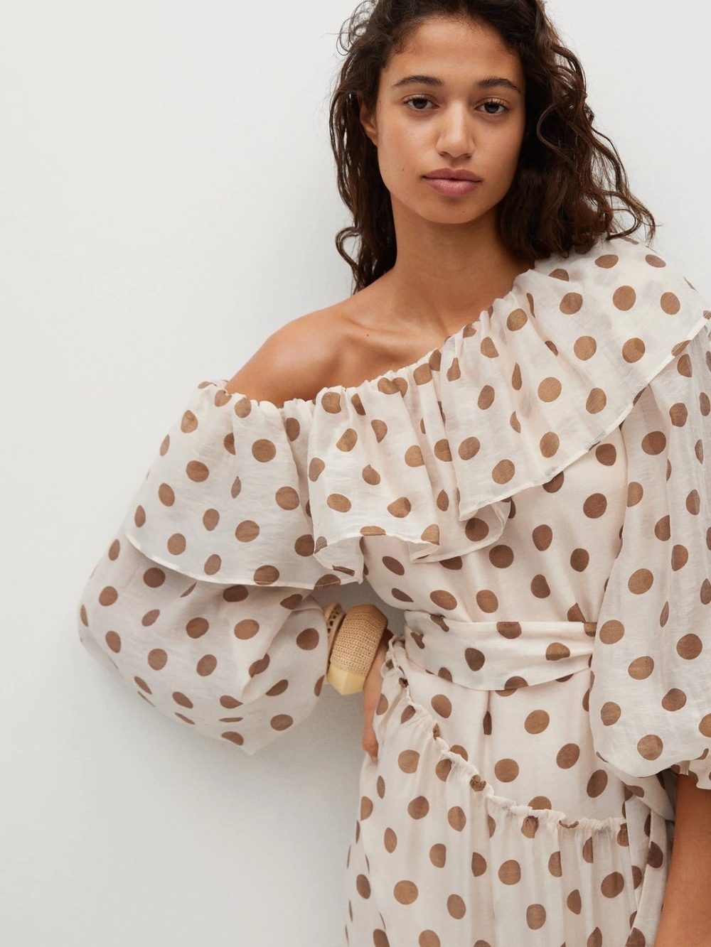 MANGO off-white and brown polka dot tiered one-shoulder maxi dress size 6